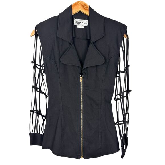 Vintage 80's Moderne Sportswear Black Zip Up Cage Sleeve Blazer Top Sz Small - Picture 2 of 15